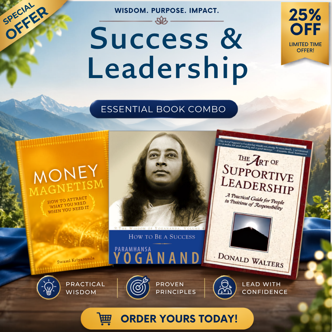 Promotional graphic for a book combo titled 'Success & Leadership' featuring three books: 'Money Magnetism' by Swaini Reddy, 'How to Be a Success Yoganand' by Paramhansa Yoganand, and 'The Art of Supportive Leadership' by Donald Walters. The background shows a mountain landscape, with banners reading 'Special Offer', '25% Off', and 'Essential Book Combo', plus call-to-action buttons at the bottom.