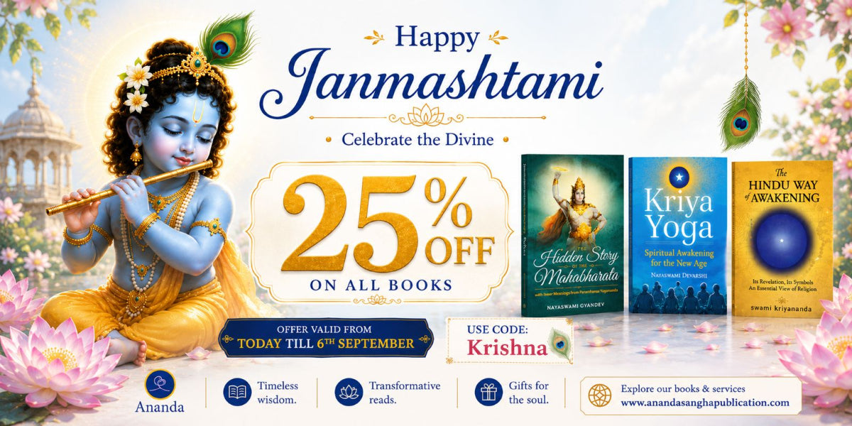 Promotional banner for Ananda books featuring a festive Janmashtami theme with a blue-skinned child playing a flute, peacock feathers, lotus flowers, and three book covers: Hidden Stay Mahabharata, Krishna Yoga, and Hindu Way Awakening. A large discount offer of 25% off is displayed with a coupon code Krishna.