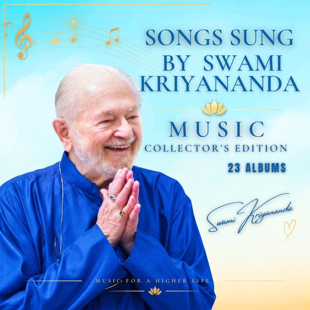 Swami Kriyananda in a blue robe featured on the Songs Sung by Swami Kriyananda 23-album Music Collector's Edition