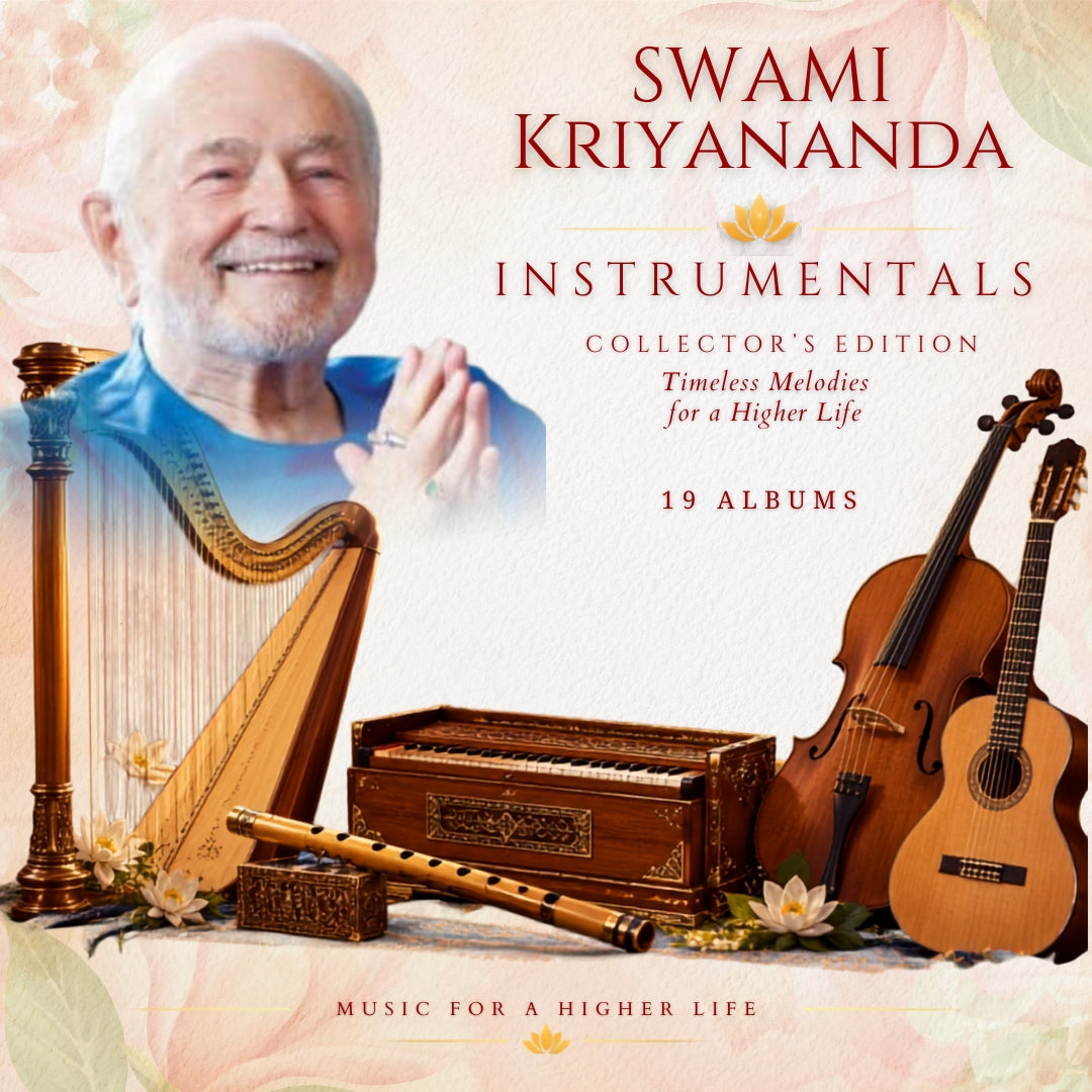 Swami Kriyananda with traditional musical instruments featured on the 19-album Instrumentals Collector's Edition